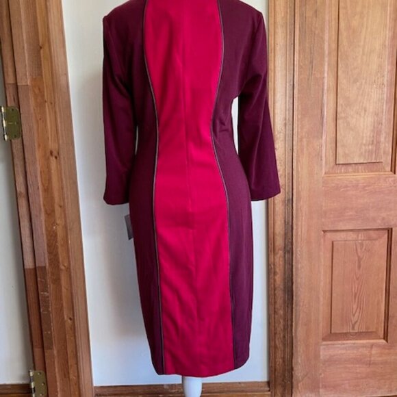 DONNA MORGAN Colorblock Shift Bordeaux Long Sleeve Faux Leather Trim Dre… - Picture 6 of 16